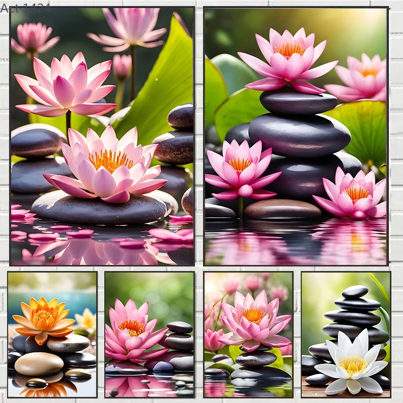 Yoga And Fitness Studio - ภาพพิมพ์บนผ้าใบลายซากุระ ลิลลี่ และบัวสีชมพู สปาเซน โปสเตอร์ศิลปะ ภาพวาดตกแต่งผนังสำหรับฟิตเนส