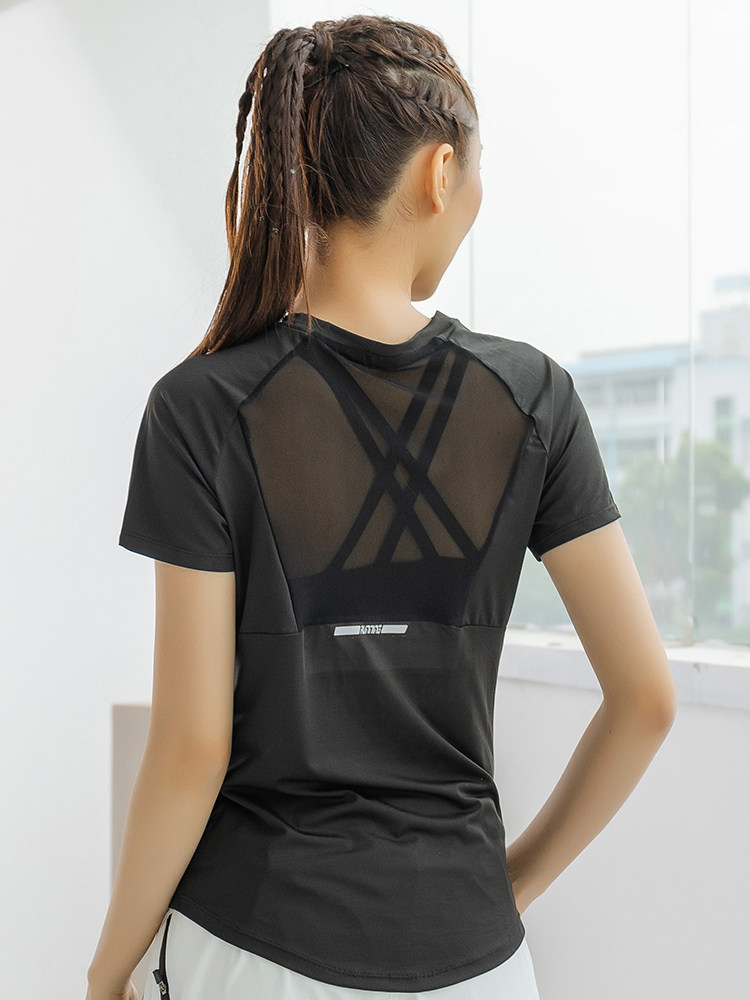 Yoga Fitness Training - เสื้อยืดออกกำลังกายผู้หญิงแขนสั้นผ้าตาข่าย ระบายอากาศ แห้งเร็ว ทรงเข้ารูป ยืดหยุ่น เหมาะสำหรับโยคะ