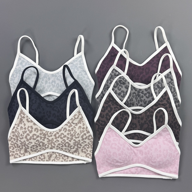 Yoga Fitness Stretching Strap - สปอร์ตบราผู้หญิงลายเสือดาว สายปรับได้ บราแบบมีซับใน ยืดหยุ่นสูง ทรงครอปท็อป สำหรับออกกำลังกาย